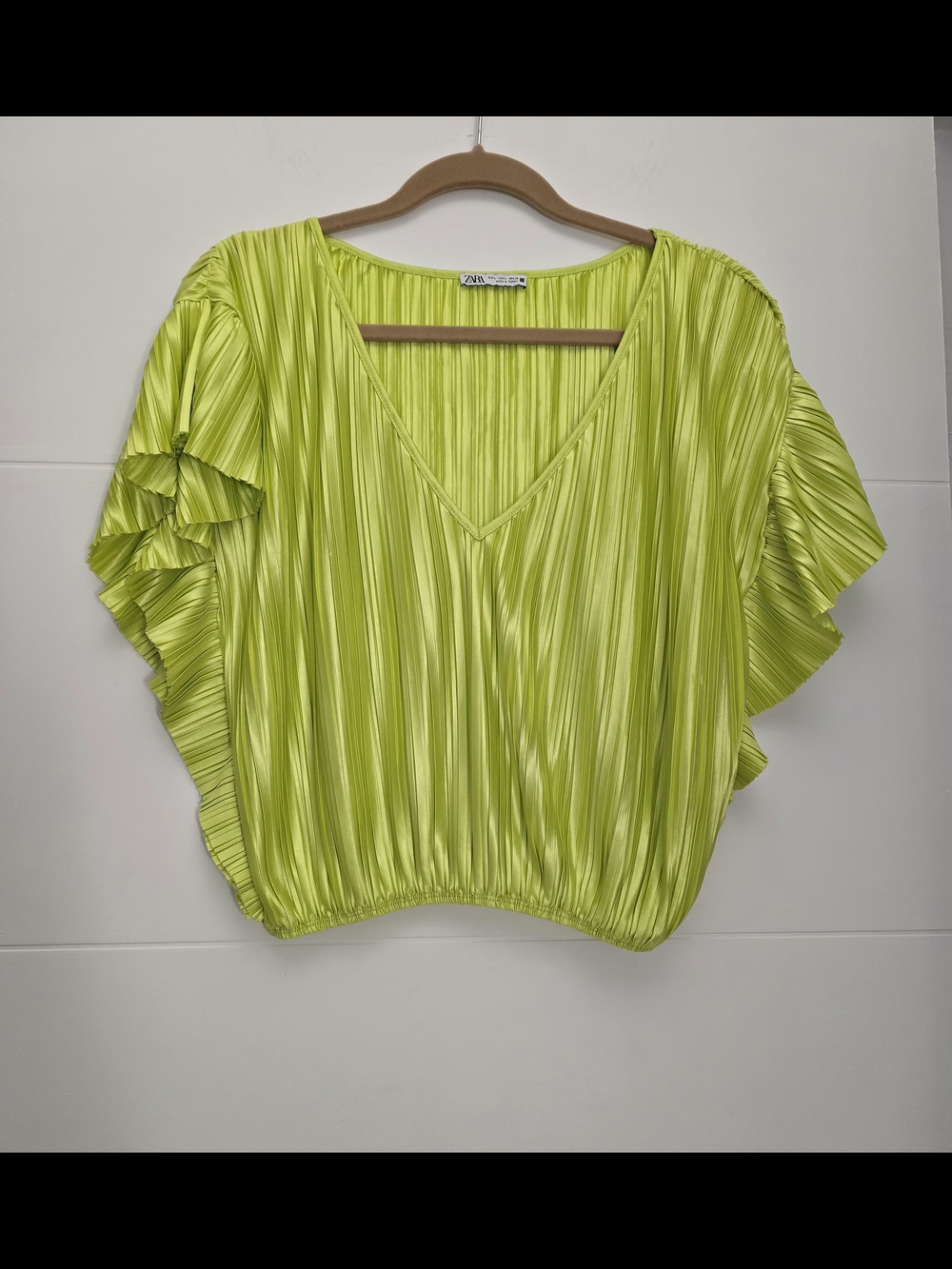 Zara Neon Lime Pleated V-Neck Flutter Sleeve Blouse